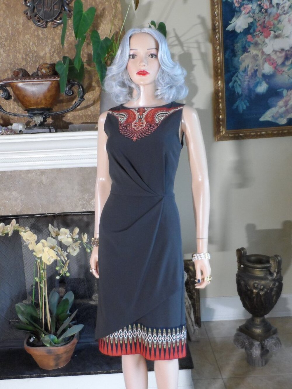 Etro Charcoal Gray Paisley Print Draped Sheath Dress IT 42 US 6